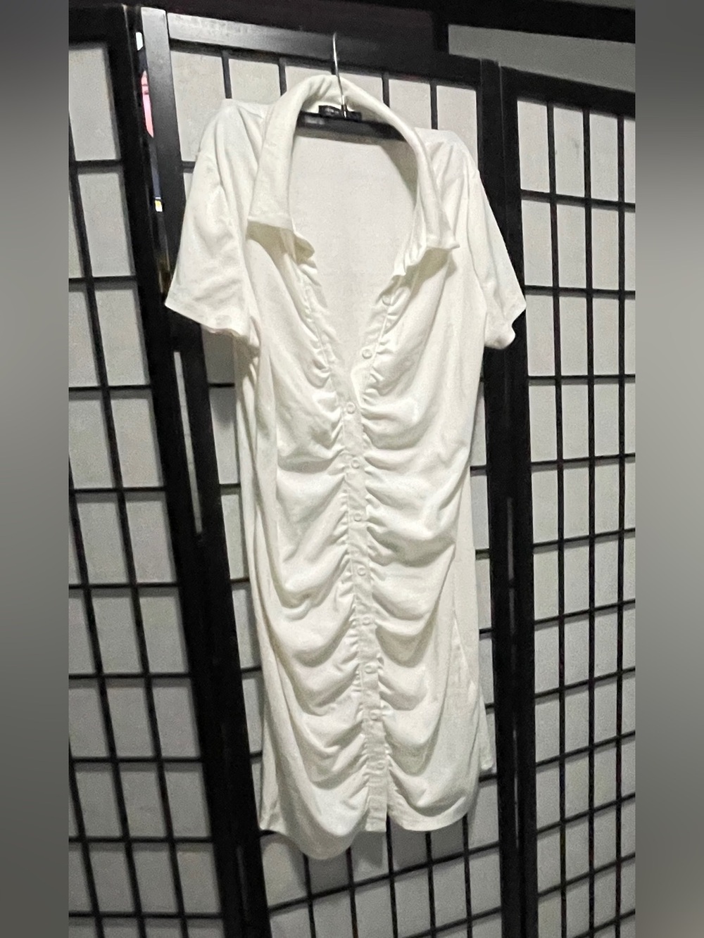 White Ruched Collared Midi Dress